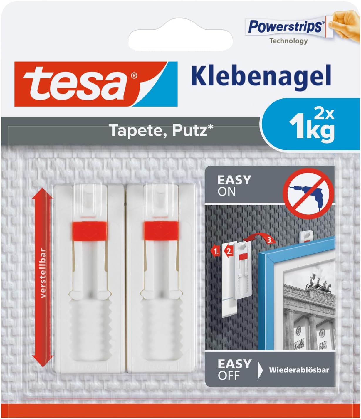 tesa Klebenagel für Tapete & Putz, verstellbar - 4 Nägel inkl. tesa Strips