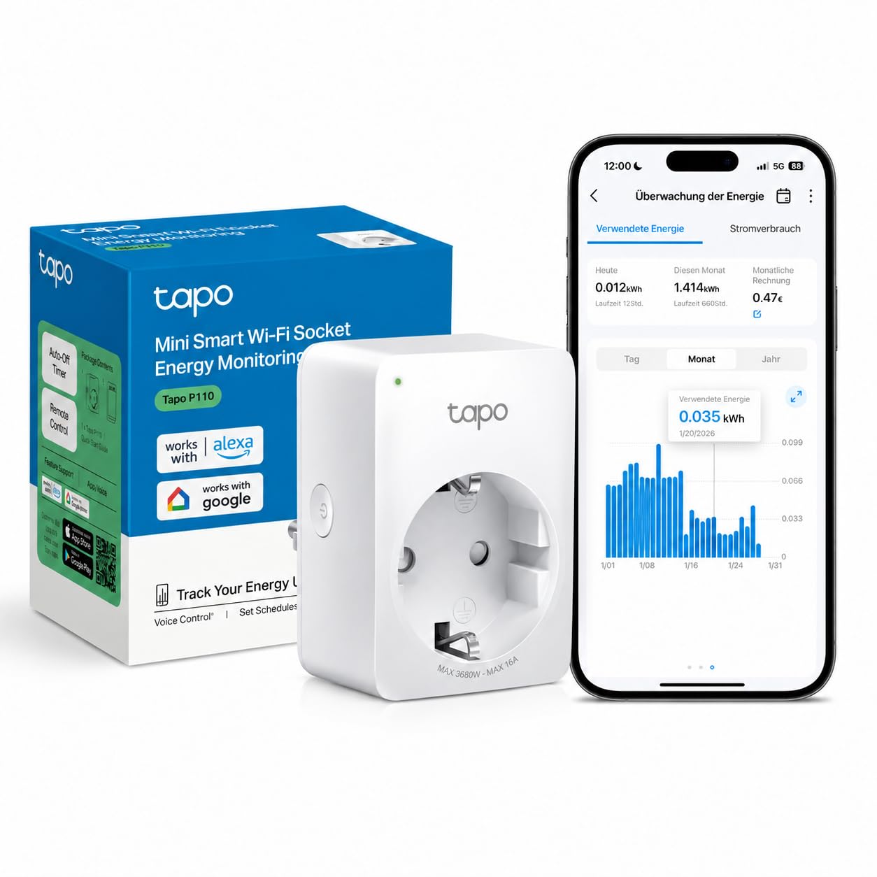 TP-Link Tapo Smart WLAN Steckdose P110 mit Energieverbrauchskontrolle, Smart Home Alexa funktioniert mit Google Home, Sprachsteuerung, Fernzugriff, Kein Hub notwendig, Mini