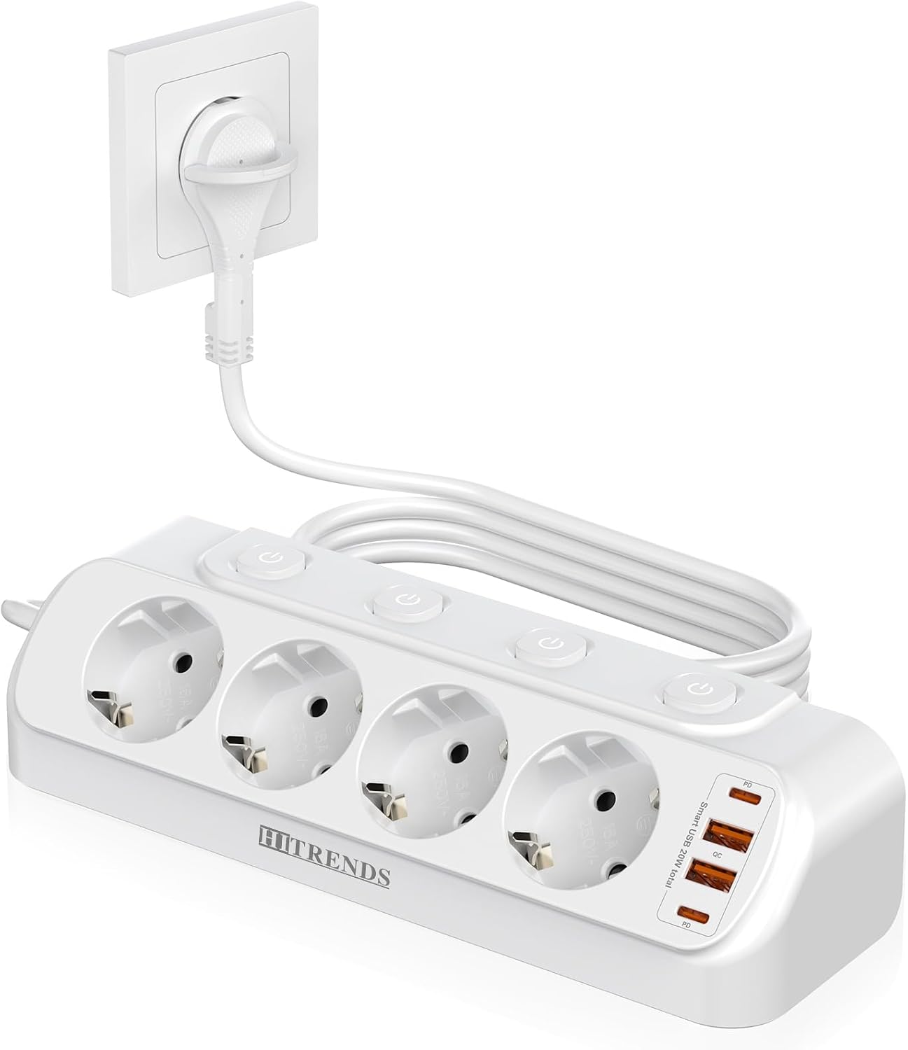 Tischsteckdose mit USB C 20W, 4 Fach Ecksteckdose Flachstecker, 8 in 1 Steckdosenleiste mit 4 USB Mehrfachstecker, 4-Fach Schaltbar, Steckdosenleiste, Weiß