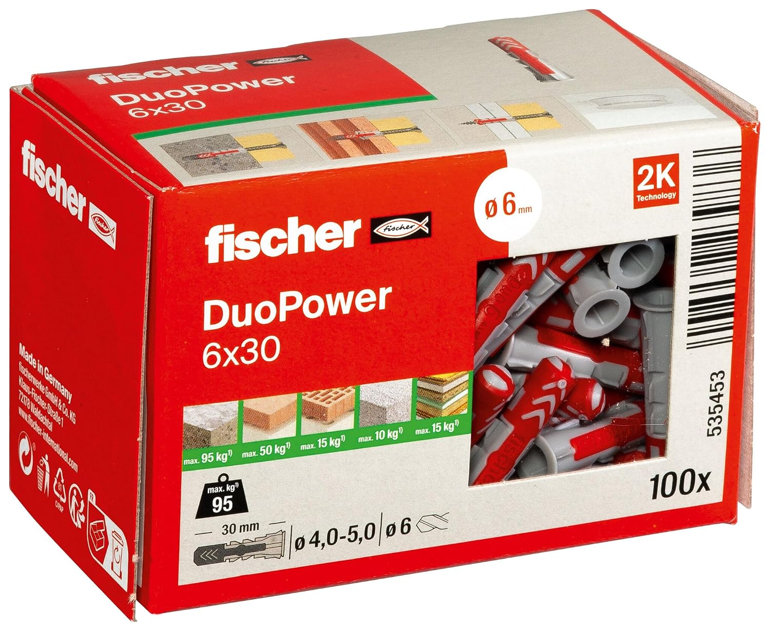 fischer DuoPower 6 x 30, Universaldübel, leistungsstarker 2-Komponenten-Dübel, Kunststoffdübel zur Befestigung in Beton, Ziegeln, Stein, Gipskarton uvm., ohne Schrauben, 100 Stück