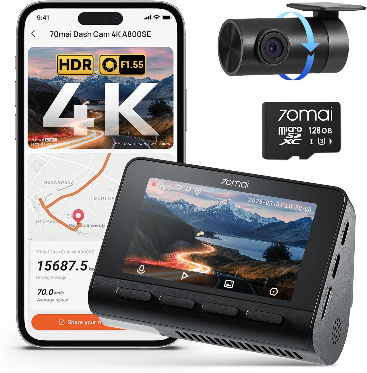 70mai A810 Lite Dashcam Auto 4K,  Dashcam Auto Vorne Hinten Wi-Fi 6 25MB/s