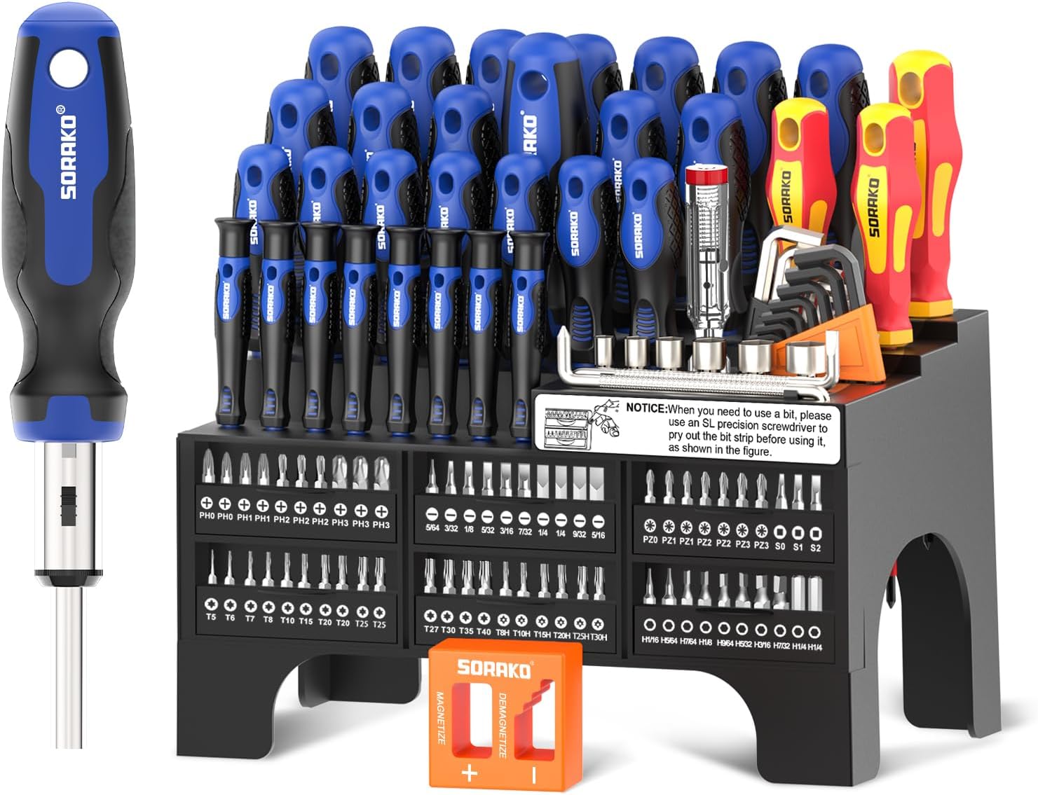 SORAKO 118-teiliges Schraubendreher-Set, magnetisch, inkl. Ratschen-Schraubendreher, Bits, Präzisions-Schraubendreher, isolierte Schraubendreher, Spannungsprüfer, Magnetisierer, geeignet für Zuhause,