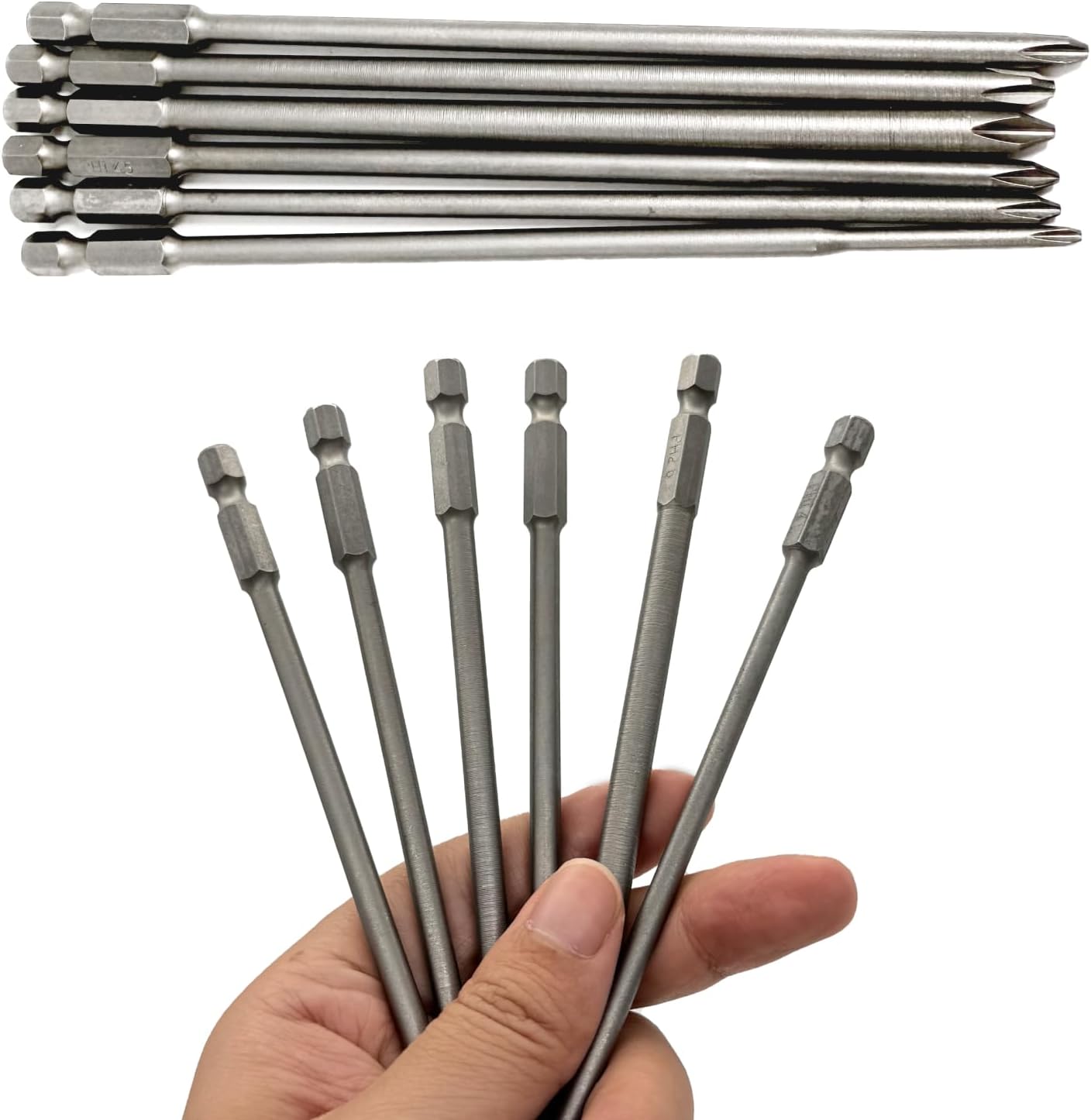 6 Stücke Magnetischer lange Kreuzschlitz Schraubendreher Bits, 1/4 zoll, Hochwertiger S2 Stahl, Präzise und Robuste Philips Schraubendreher Bits für Elektrische und Ma