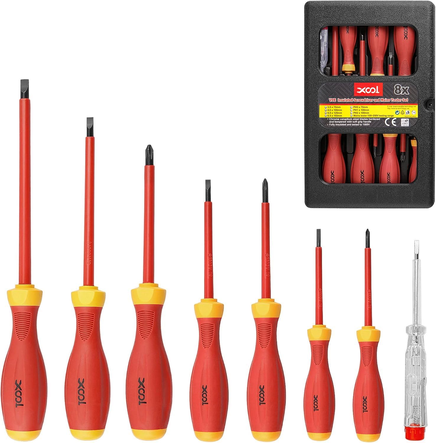XOOL 8-teilig 1000V VDE Isolierte Elektriker Schraubenzieher Set, Magnetische Spitzen, Ergonomische Rutschfeste Griffe, Chrom-Vanadium-Stahl, Medium, Präzise Schlitz- und Kreuzschlitz