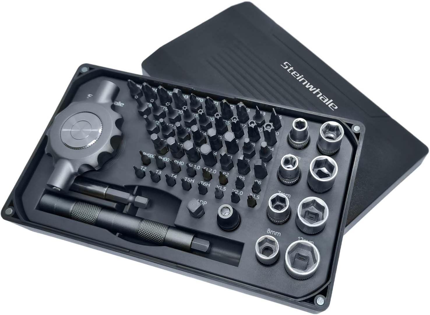 Steinwhale 64-in-1 Ratschen-Schraubendreher-Bit-Set, flacher Griff für enge Stellen, magnetischer Montage-Ratschenschlüssel, Präzisions-Schraubendreher, 1/4 Zoll und 4 mm S2-Stahl-Bits für