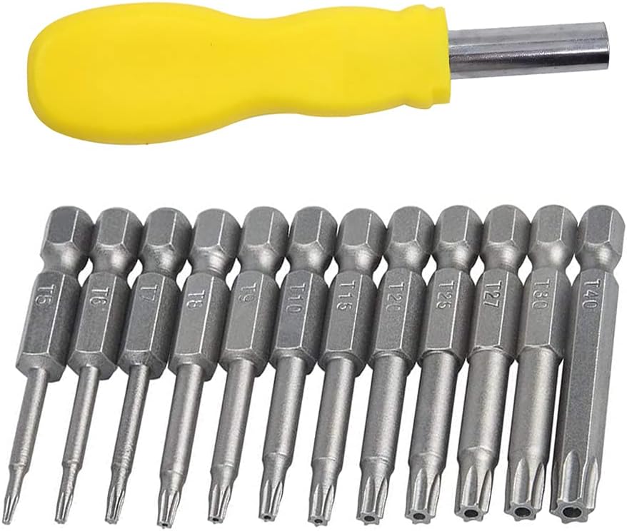 Torx Bits Schraubendreher Set,12 pcs Magnetisch Sternenkopf Schraubenziehe Set Stahl-Sechskantschaf Elektrischer schraubendreher,50mm,Mit Schraubendrehergriff(Farbe zufällig)