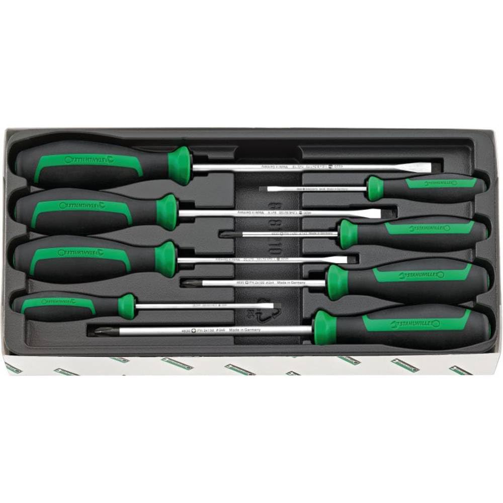 STAHLWILLE Schraubendreher Set 8-tlg. | 5 Schlitzschraubendreher, 3 Kreuzschlitzschraubendreher PH1; PH2; PH3 mit 3-Komponenten-Griff | Made in Germany