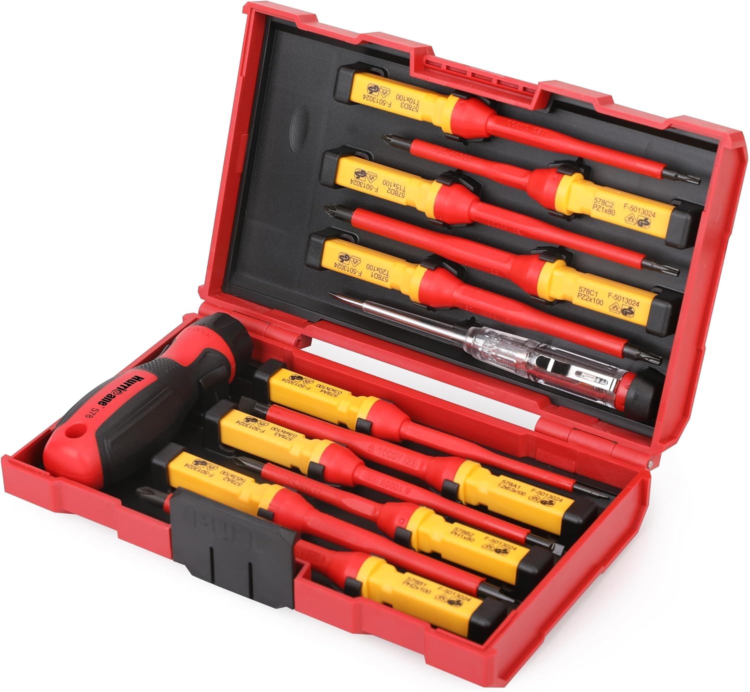 HURRICANE 13-teiliges 1000 V isoliertes Schraubendreher-Set, Cr-V-magnetische Spitze. 4 Schlitz-, 2 Kreuz-, 2 Pozidriv-, 3 Torx-Bits, 1 Spannungsprüfer und 1 Griff. Ideal für professionelle Reparature