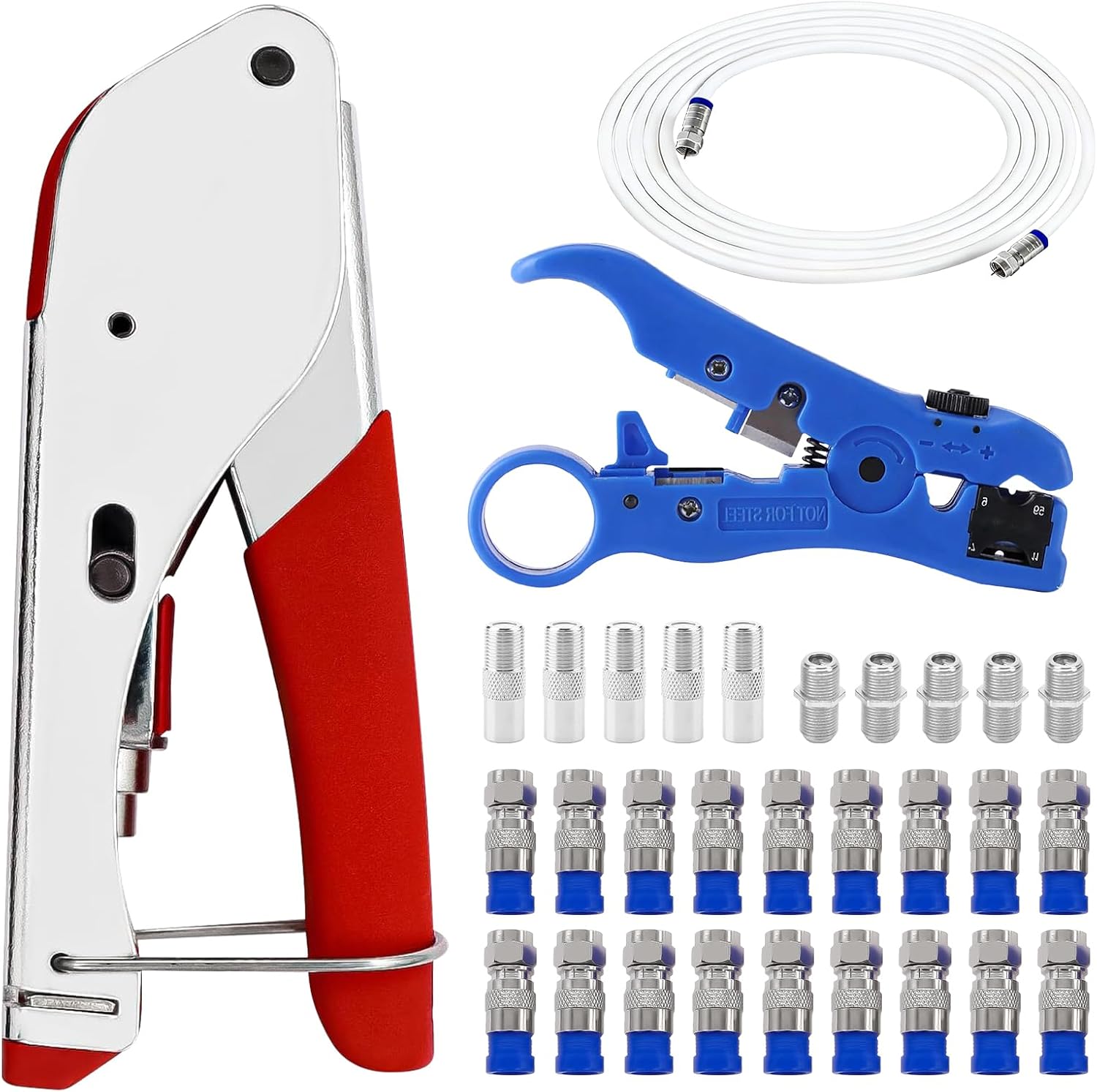 Kompressionszange Set Crimpzange Abisolierwerkzeug für Koaxialkabel Verbinder mit 20 Stück F Stecker Sat Kabel Verbinder Sat Kabel 2m für RG59/RG6 SAT-Kabel Koaxialkabel Kit TV-Anschlusszubehör