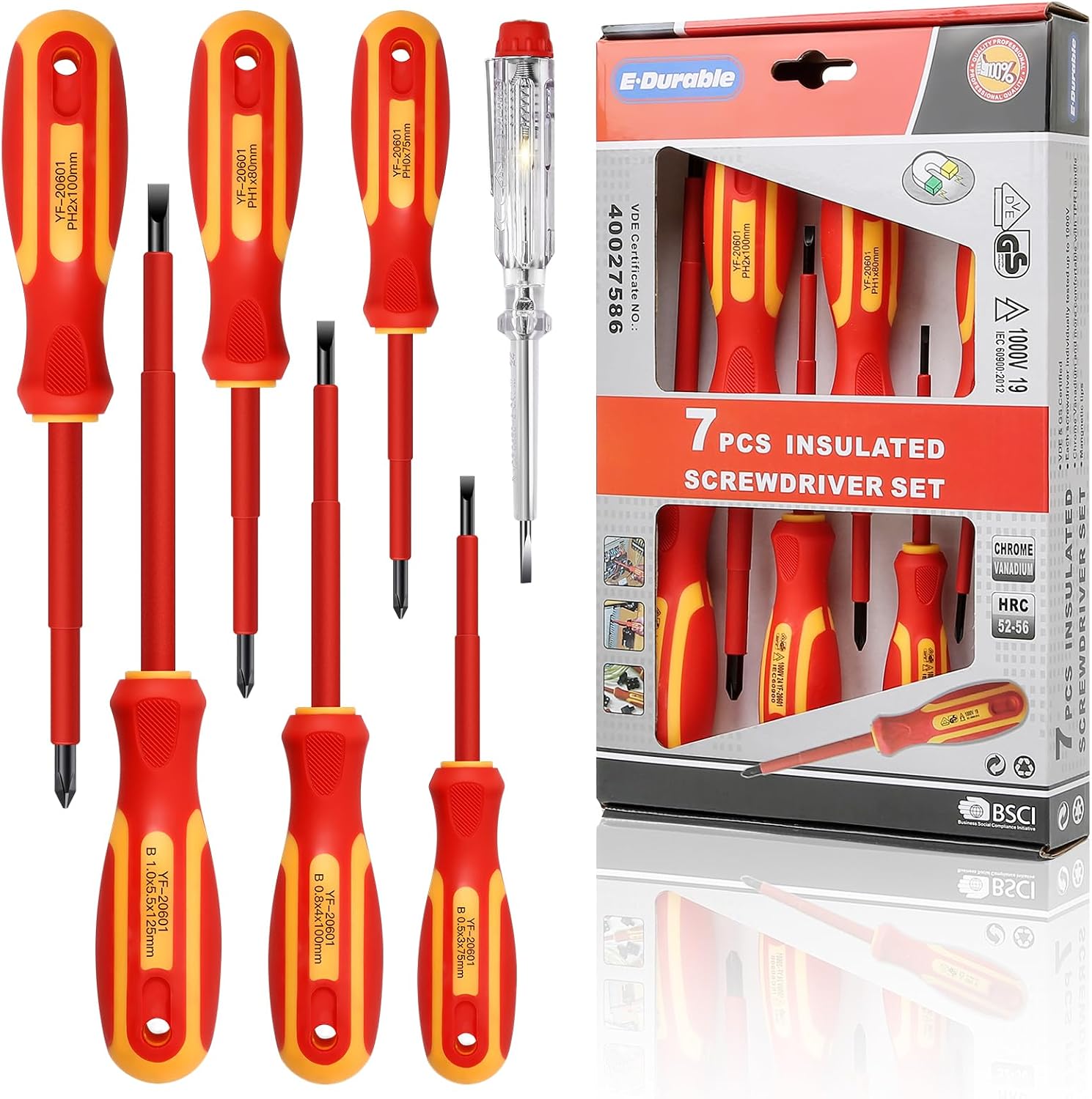 Isoliertes Schraubendreher-Set, 7 Teiliges VDE Schraubendreher-Set bis 1000 V, Multifunktionales Werkzeugset mit Spannungsprüfer, TPR-Griff für den Privaten und Professionelle Nutzung