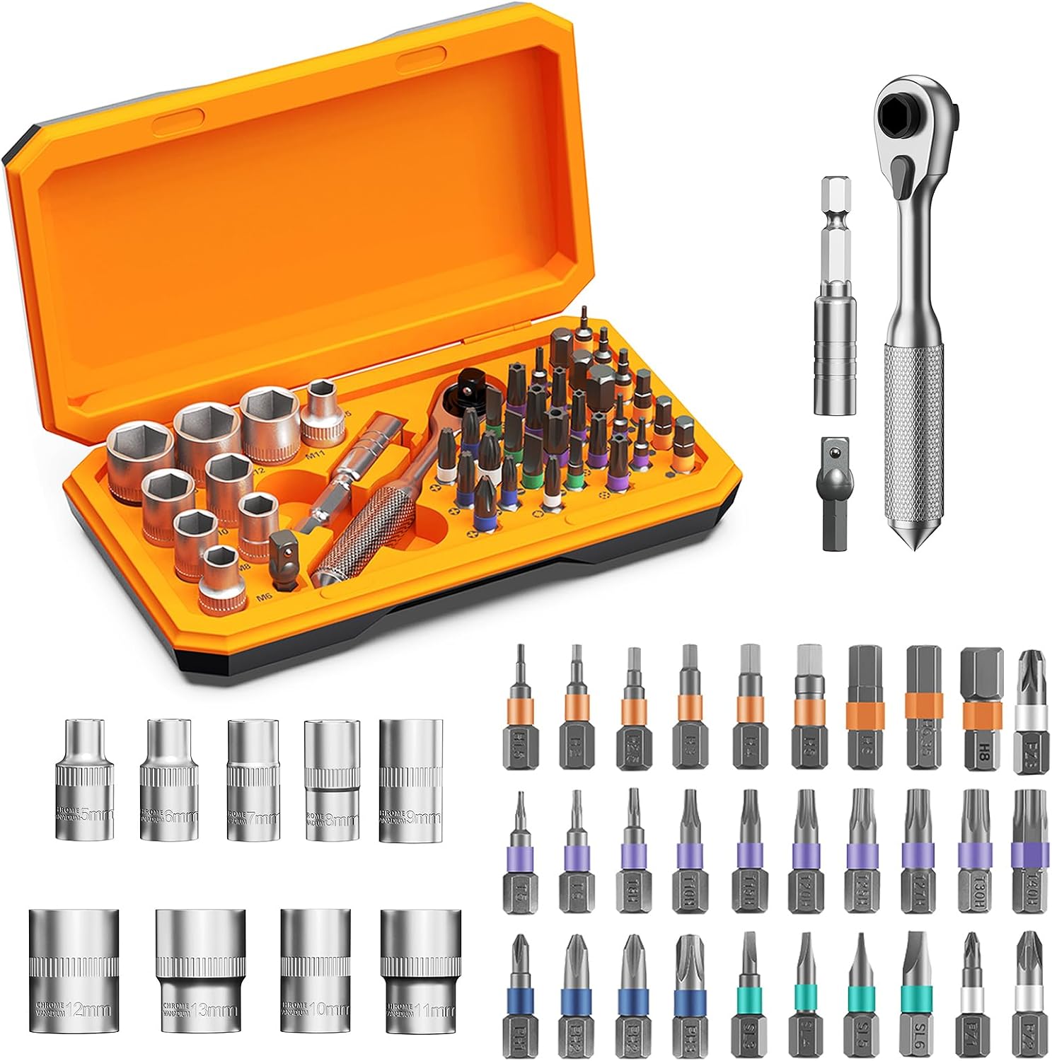ORIA Ratschenschraubendreher Set, 42 in 1 Ratsche Drehmomentschlüssel Set mit 30 S2 Bits, 72-Zähne Umschaltbare Ratsche, Verlängerungsstange, Drehmoment Schraubendreher für Möbel, Fahrrad