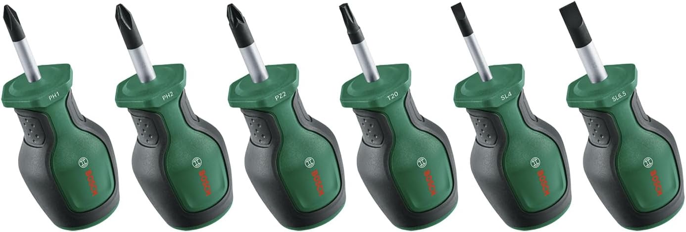 Bosch Stubby Schraubendreher Set 6-teilig (Kompakte Schraubendreher für Arbeiten an engen Stellen; PH/PZ/TX/SL; S2-Stahl; Hohes Drehmoment; Farbcodiert; Magnetische Spitze; Ergonomischer Softgrip)
