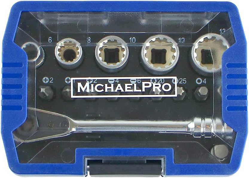 MichaelPro MP012005 1/4" Micro Bit Ratchet Mini Screwdriver High Torque 17 in 1 Close Quarter Ratchet with Bits, Wedge Flutes and Adapter