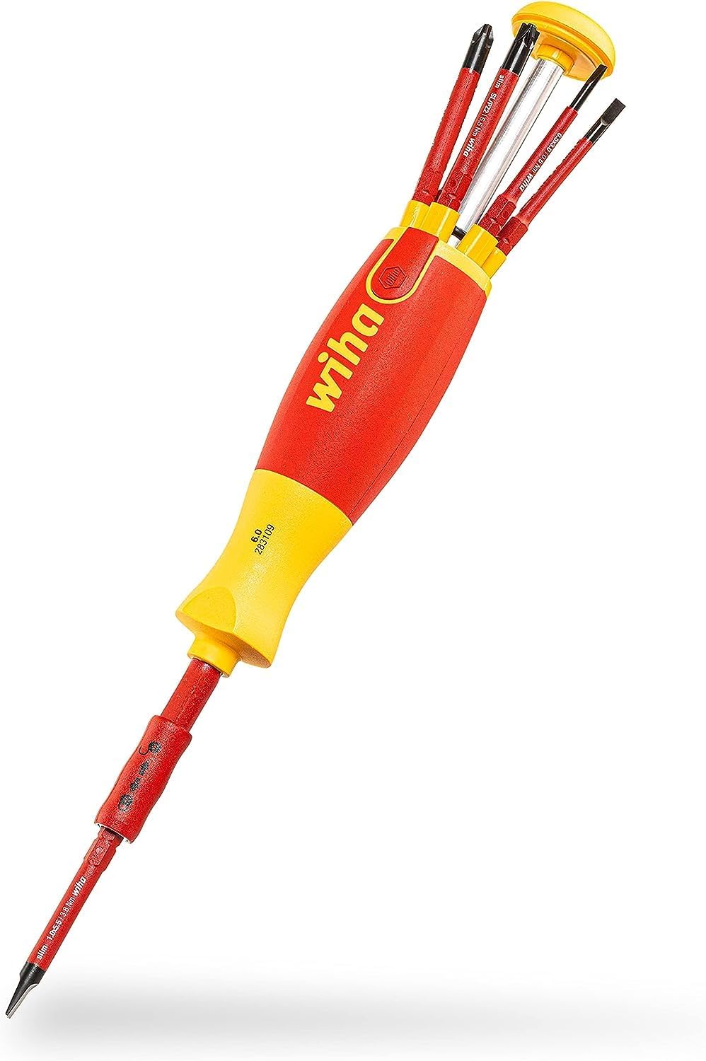 Wiha Schraubendreher Set LiftUp electric 6-tlg. mit verstaubarem Bit Set (38613) I Schraubenzieher Satz mit Bit Magazin aus slimBits für Elektriker, Bithalter, Schlitz/ Kreuzschlitz/ Plusminus