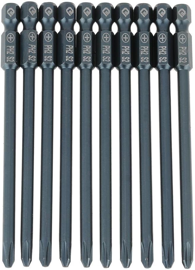 10 Stück 1/4 Zoll 100 mm PH2 Schraubendreher-Bits mit Kreuzschlitz, Sechskant-Schaft aus S2-Stahl (Schlitz + Kreuz + Sechskantkopf) H6,3 x 100 x Φ5,0 x PH2