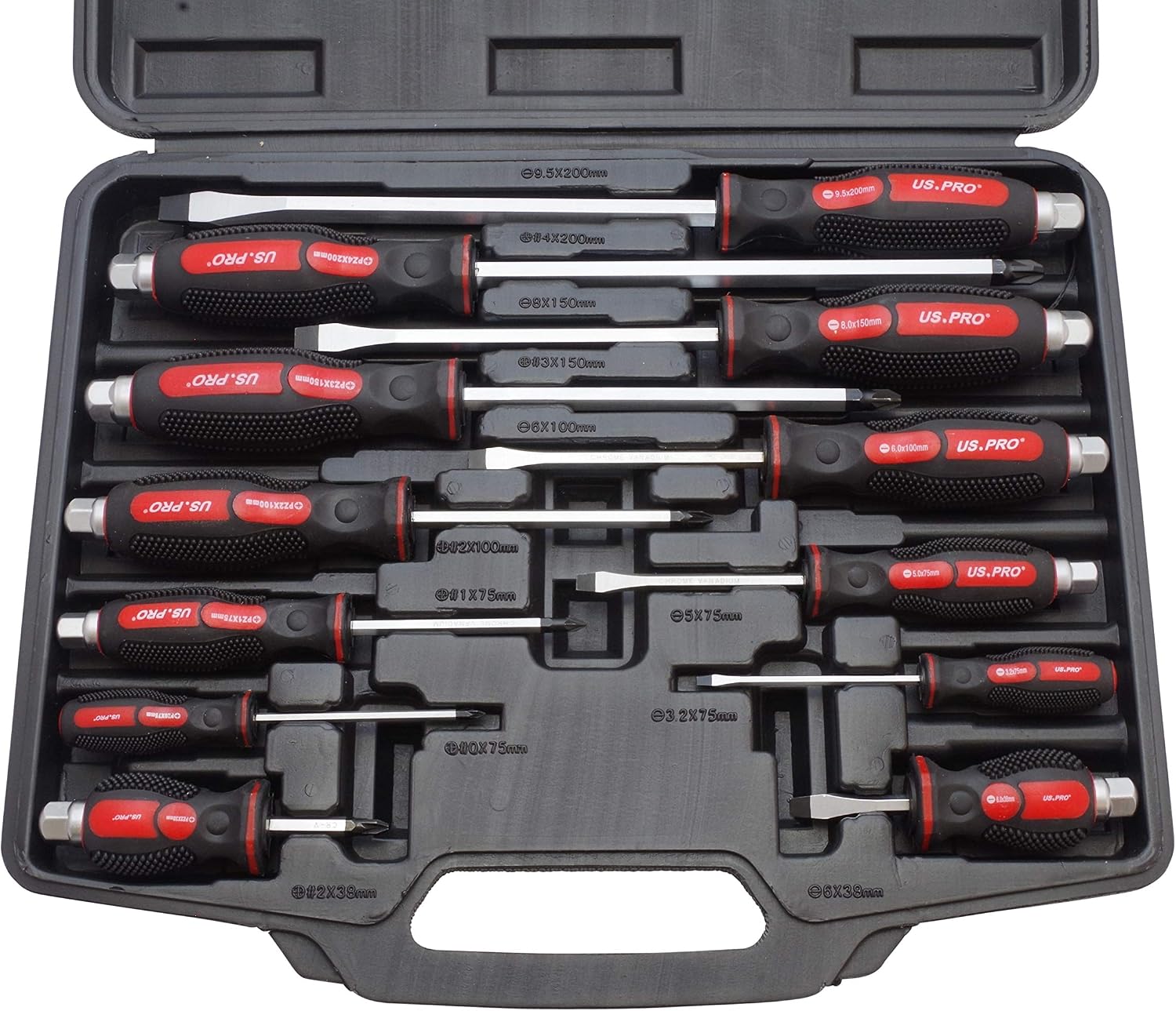 Us Pro B1503 Schraubendreher-Satz Schwarz/Rot 12-Tlg, Kreuz-Schlitz Pozidriv