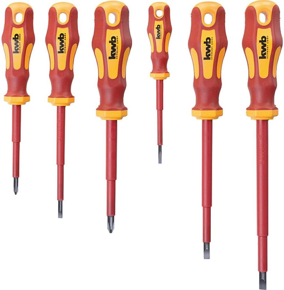 kwb Schraubendreher-Set VDE 6-teilig, vollisolierte Klingen, extra gehärtet, inkl. 2-Komponenten-Griff und Aufhänge-Loch, Schraubenzieher-Satz CV Stahl