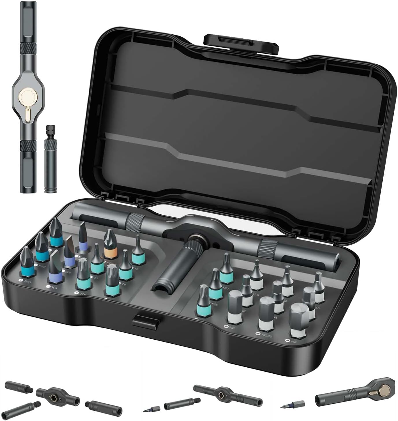 24 in 1 Ratschenschraubendreher Set – Magnetisches Schraubendreher Set mit Abnehmbarem Griff, 58-Zahn-Ratsche, 24pcs S2 Bits, Farbcodiert – für Möbelmontage, Heimwerken, Auto & Haushalt