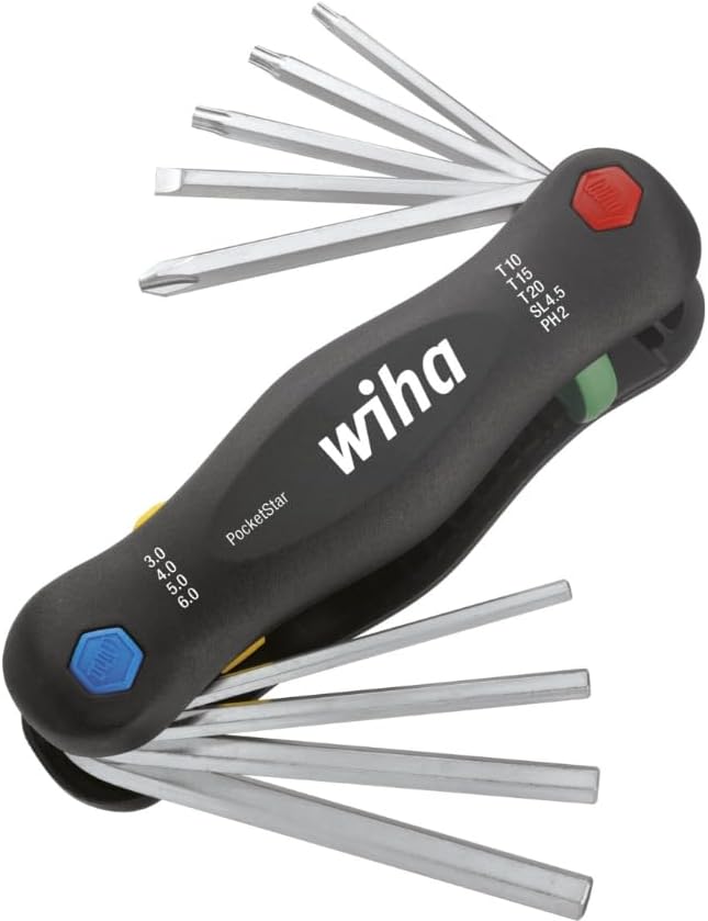 Wiha Multitool PocketStar® Innen-Sechskant, Schlitz, Phillips, TORX 9-tlg., per Tastendruck schneller Zugriff, als Längs- und Quergriff einsetzbar, all-in-one Werkzeug (25295)