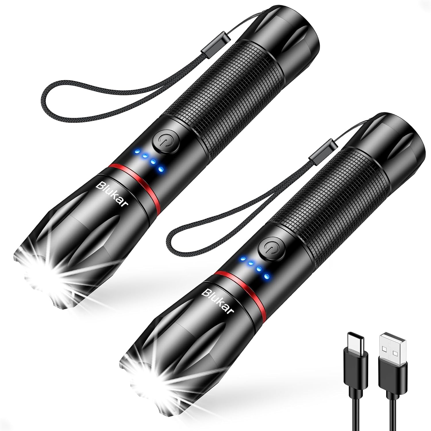 Blukar LED Taschenlampe Aufladbar, 2 Stück 2000L Extrem Helle Zoombar Torch