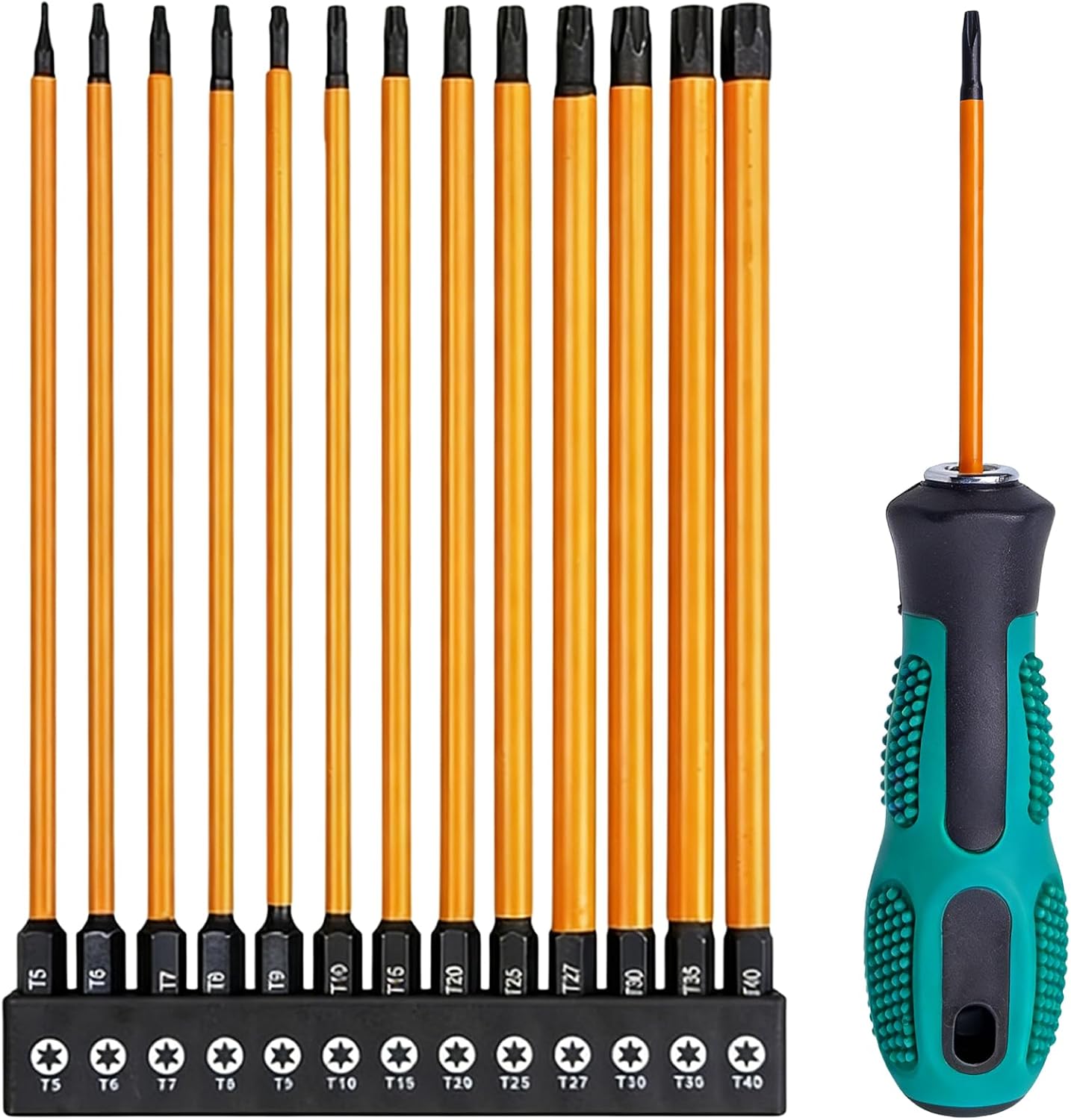 14-Teiliges Torx Langschraubendreher-Set | 150mm Industriequalität | S2 Stahl Bits T5 Bis T40 | Mit Rutschfestem Griff | Für Auto, Motorrad, Computer & Haushaltsgeräte Reparatur