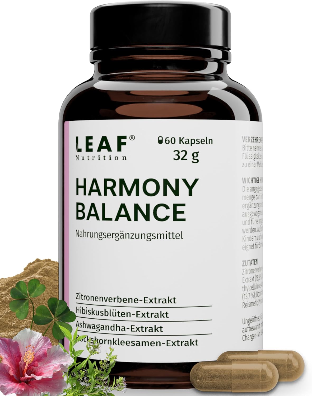 LEAF HARMONY BALANCE Kapseln Frauen – Meno Komplex Wechseljahre mit Ashwagandha, Zitronenverbene, Vitamin B6 zur Regulierung der Hormontätigkeit – 60 vegane Kapseln, made in Germany