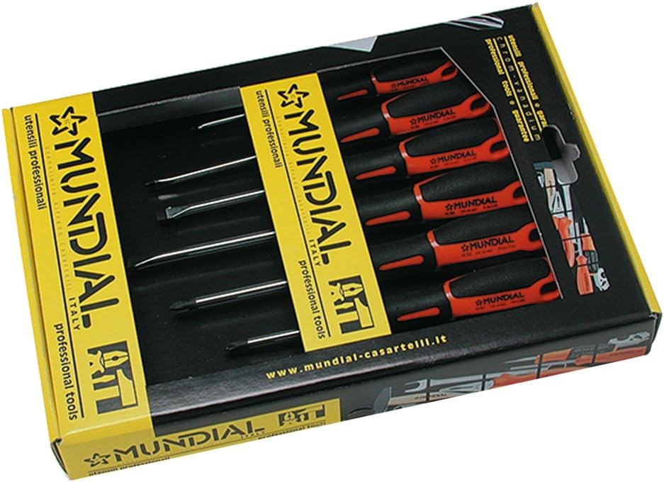 Serie Schraubendreher aus Stahl. Mattes Chrom-Finish der Spitze, Griff aus Bimaterial. Nr. 4 Schneiden und Nr. 3 Kreuz.