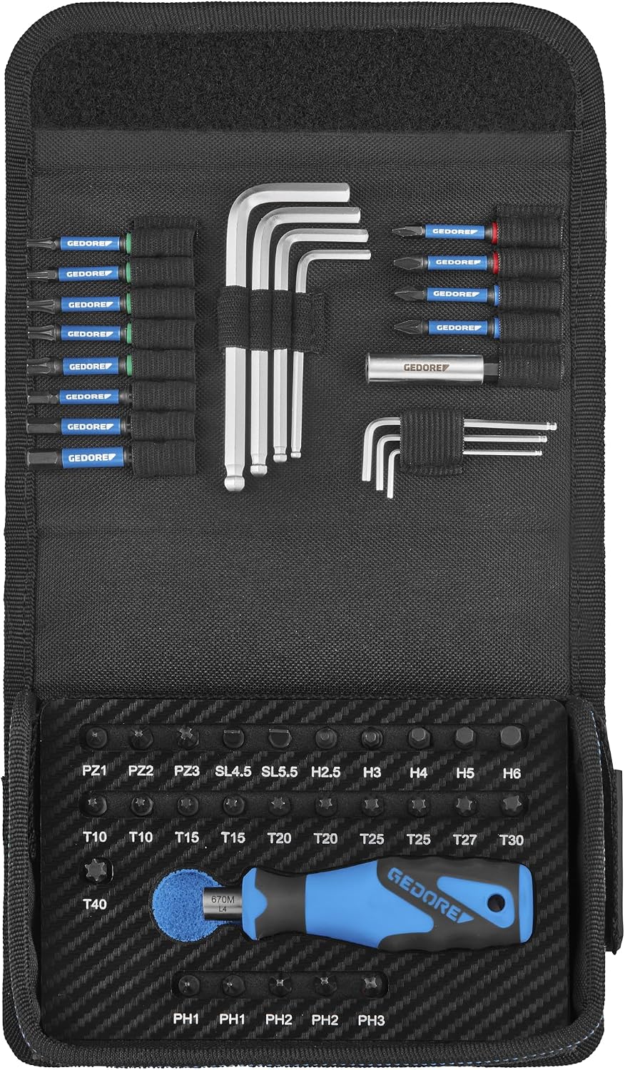 GEDORE TC 666 H‑047 Bit Kit, 47‑teilig, Torsions‑Bits 25 mm und 50 mm, Bit‑Schraubendreher, Winkelschraubendreher HEX 1,5–6 mm, Bit‑Halter, Textiltasche