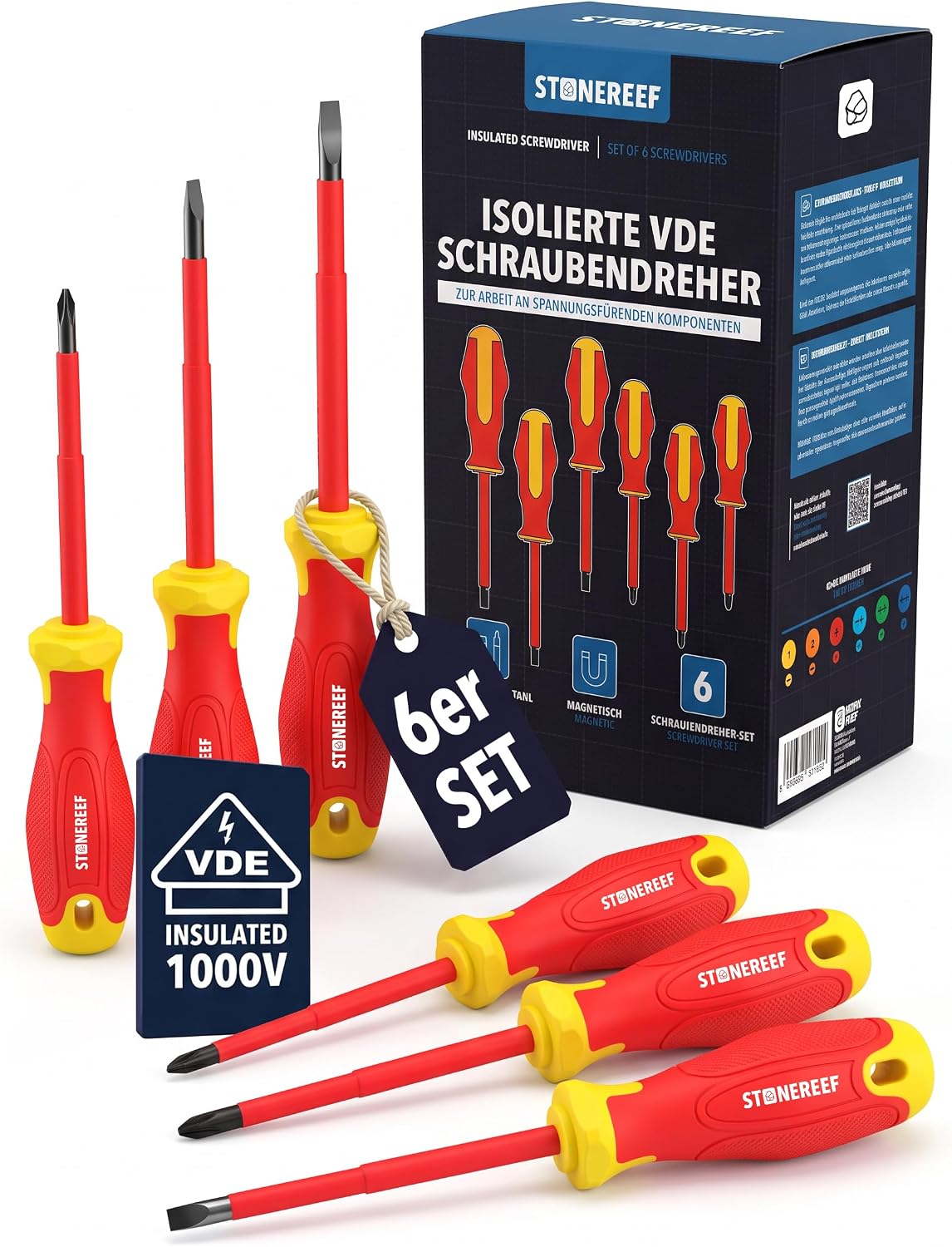 VDE Schraubendreher Set 6-teilig – magnetische Klingen – 1000 V isoliert nach VDE – Schlitz 0.5×3.0×75 0.8×4.0×100 1.0×5.5×125 mm – Phillips PH0×60 PH1×80 PH2×100 mm – Elektriker Schraubendreher mit G