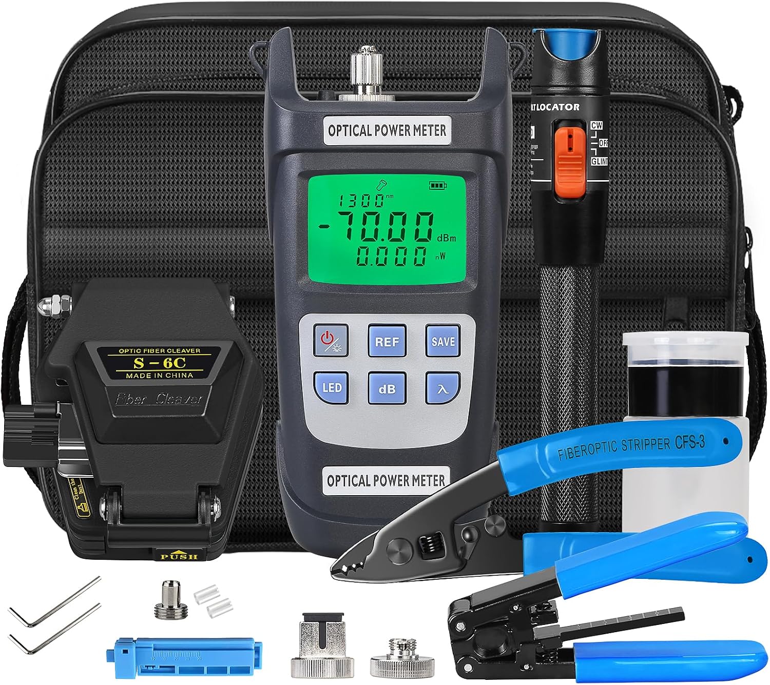 FTTH Glasfaser-Werkzeugset, 8-in-1 Glasfaserklemmen-Set, S-6C Glasfaserschneider, ausgestattet mit VFL15KM Glasfaser-Werkzeugset Y710A optischer Leistungsmesser -70 ~ + 10 dBm Glasfaser-Abisolierzange