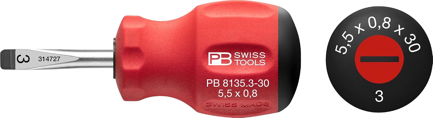 PB Swiss Tools SwissGrip Stubby Screwdriver für Schlitz-/Flachschrauben, Größe 3