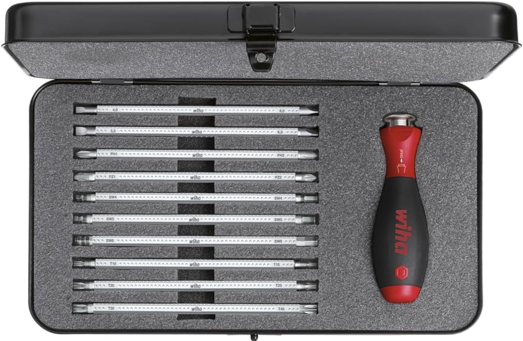 Wiha Schraubendreher mit Wechselklingen Set SYSTEM 6 (03591), 12 tlg. für tiefliegende Schrauben, Innensechskant/Kreuz/TORX/Schlitz inkl. Rolltasche