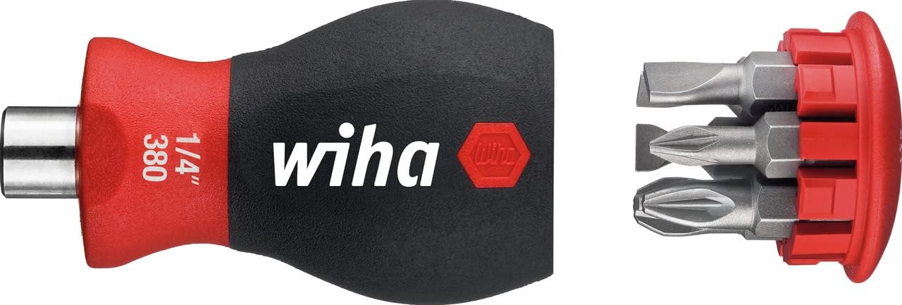 Wiha Schraubendreher mit Bit Magazin magnetisch TORX® mit 6 Bits, Stubby, 1/4" I Stubby Bit-Handhalter I kurzer Schraubenzieher für bits (33744)