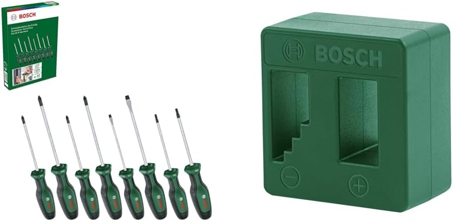 Bosch Schraubendreher-Set, 8-teilig (Hochwertiger Schraubenzieher- Satz für Heimwerker; erstklassiger S2-Stahl; Softgrip; magnetische Spitze) + Bosch Magnetisierer/Entmagnetisierer