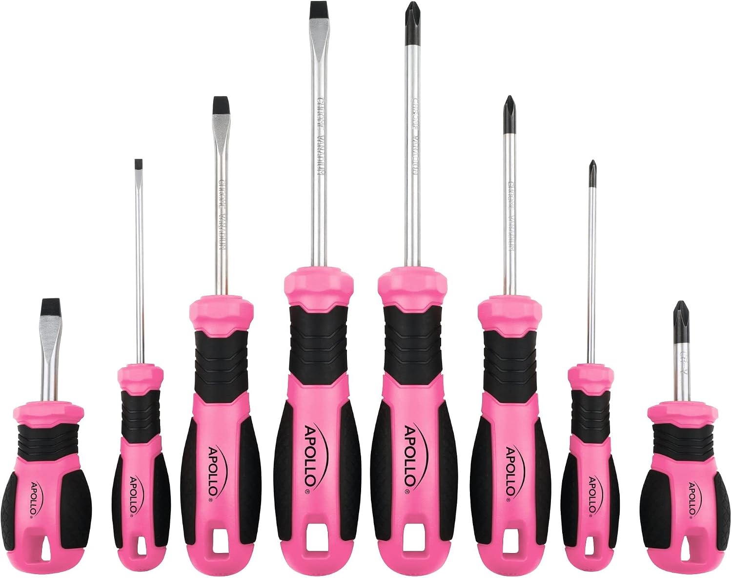 Apollo Tools Pink 8-teiliges Essential Schraubendreher-Set Kreuzschlitz und Schlitz mit magnetischen Spitzen und rutschfesten Komfortgriffen Inklusive Kurzschraubendreher für enge Räume – Rosa Band –