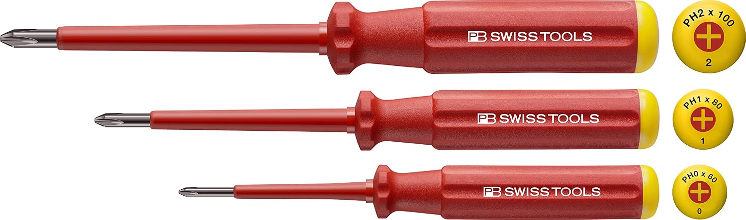 PB Swiss Tools PHILLIPS Kreuzschraubendreher-Set Elektriker VDE PB 5548, 3-tlg. (PH0/PH1/PH2), Isoliert bis 1.000 Volt, 100% Swiss Made, Unbegrenzte Garantie, Rot