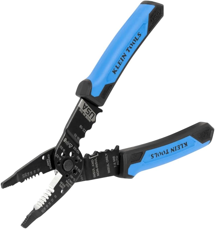 Klein Tools 1025 Abisolierzange mit langer Spitze, Schneider und Crimper, 210 mm | Gezahnte Greifbacken | Zweikomponentengriffe | Massiv ca. 0,52–5,26 mm², mehrdrähtig ca. 0,33–3,31 mm²