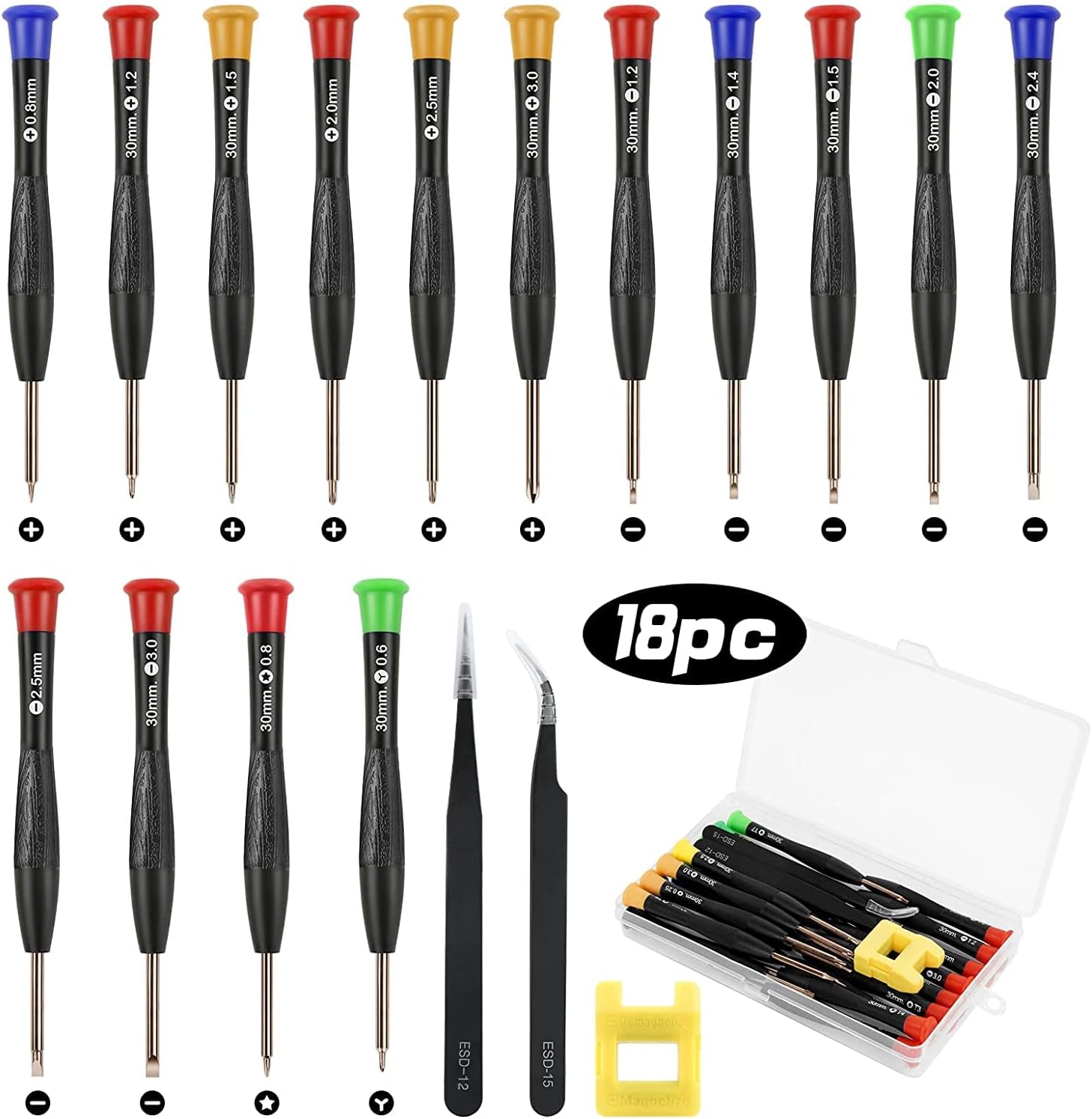 Flintronic Mini Schraubenzieher Set, 24 Stück Brillen Schraubendreher, 21 Uhrmacher Schraubendreher mit 2 Pinzette 1 Magnetisierer und Kiste, Feinschraubendreher Komme für PS4 Brillen Uhren Jeweller