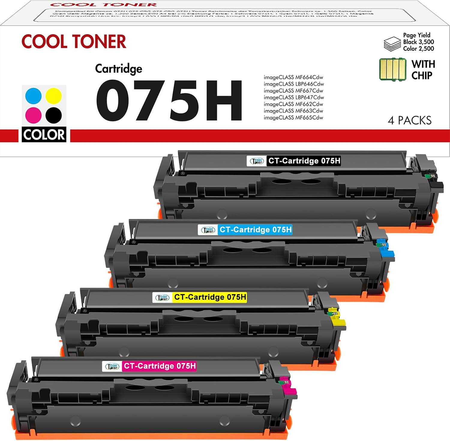 075H 075 Toner Cartridge Kompatibel für Canon I-sensys MF664Cdw LBP646Cdw MF667Cdw LBP647Cdw MF662Cdw MF663Cdw MF665Cdw CRG075H CRG-075H 075H BK/C/M/Y Set 4-Pack