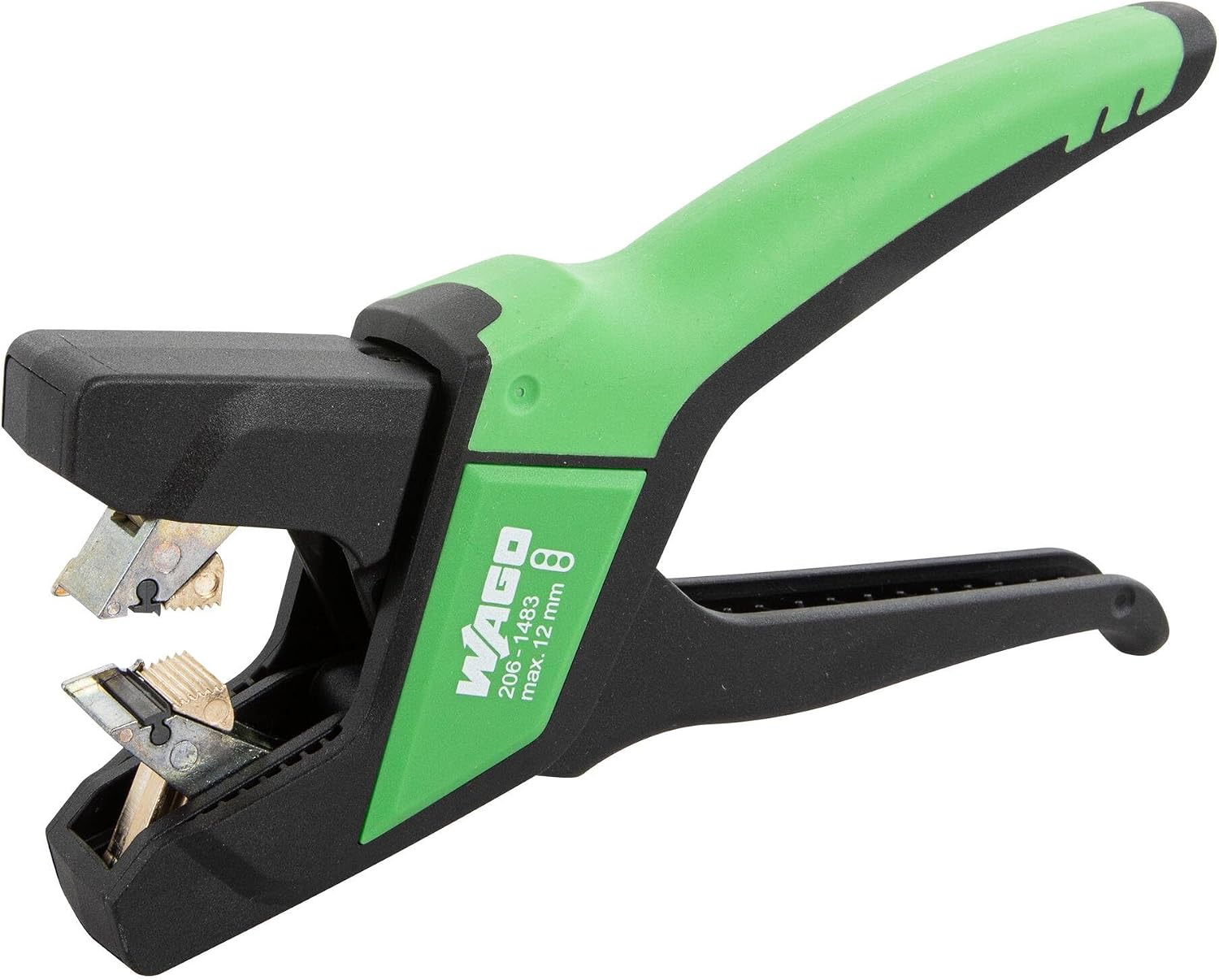 WAGO Abmantelzange 206-1483 | max. Breite 12mm, für 0,75 mm² - 2,5 mm², für schnelles und präzises Abmanteln von Flachleitungen, gummierter ergonomischer Griff, schwarz-grün