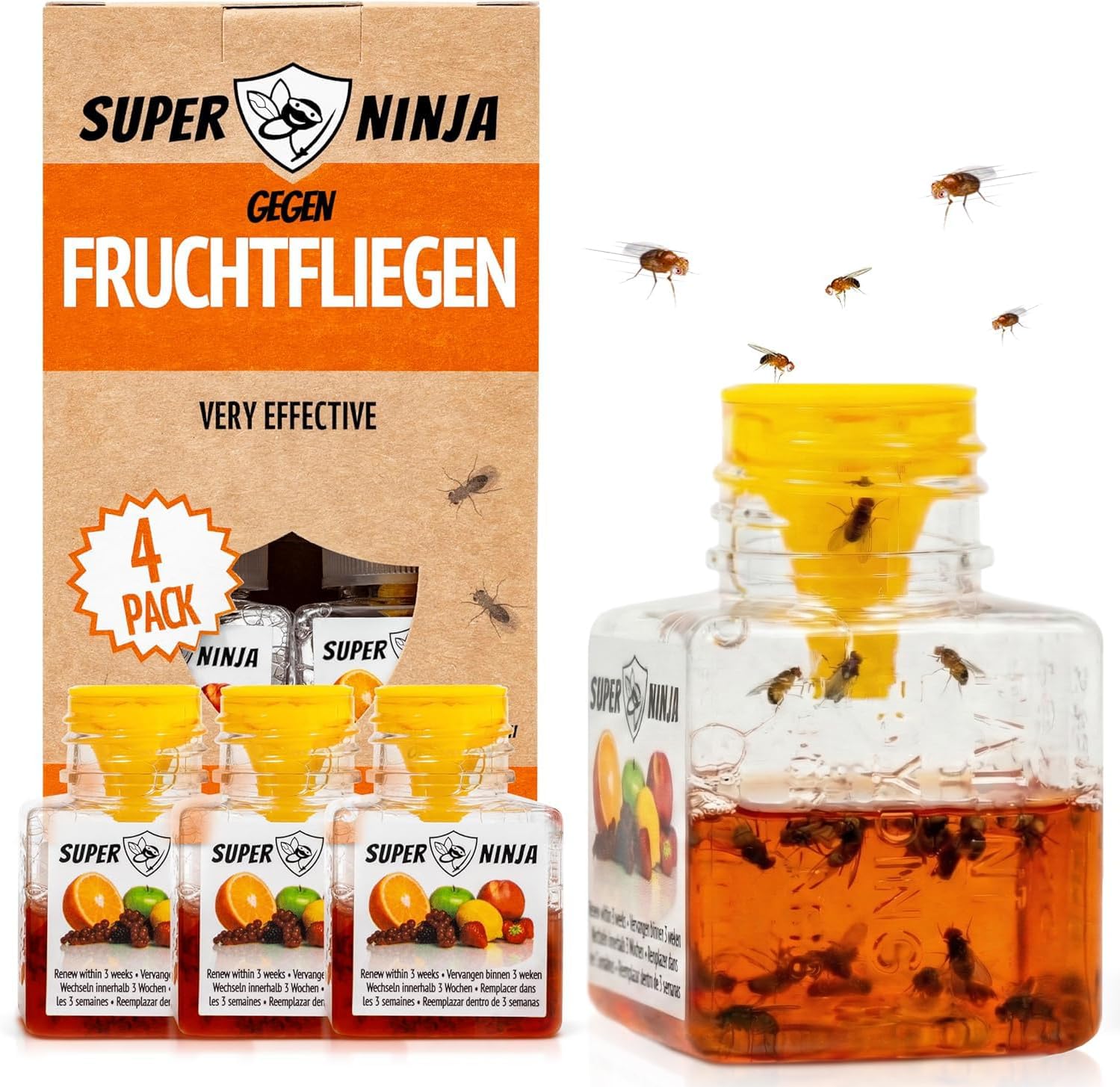Super Ninja Fruchtfliegenfalle für Innenbereich, Obstfliegenfalle 4er-Pack