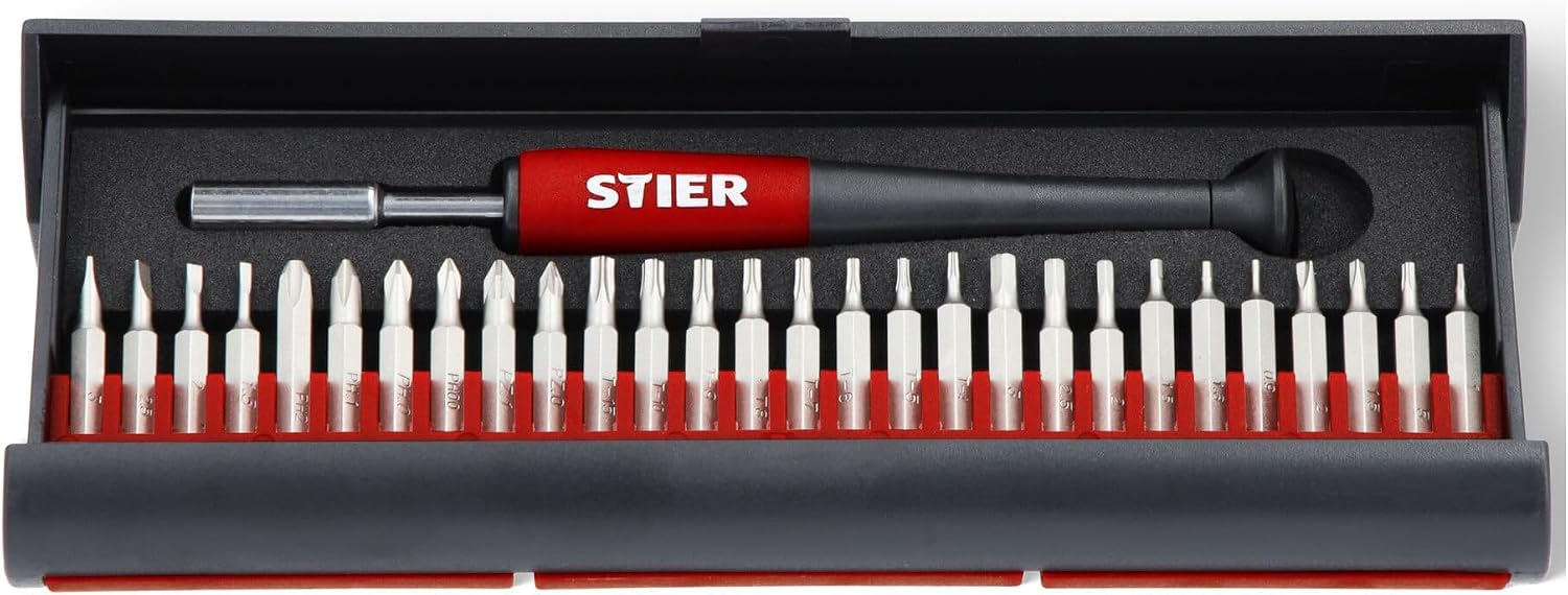 STIER Der STIER Feinmechaniker Schraubendrehersatz, 29-tlg, Präzisionsschraubendreher Set, Bits für Phillips Pozidriv Innensechskant Torx, für Laptops Uhren iPhones
