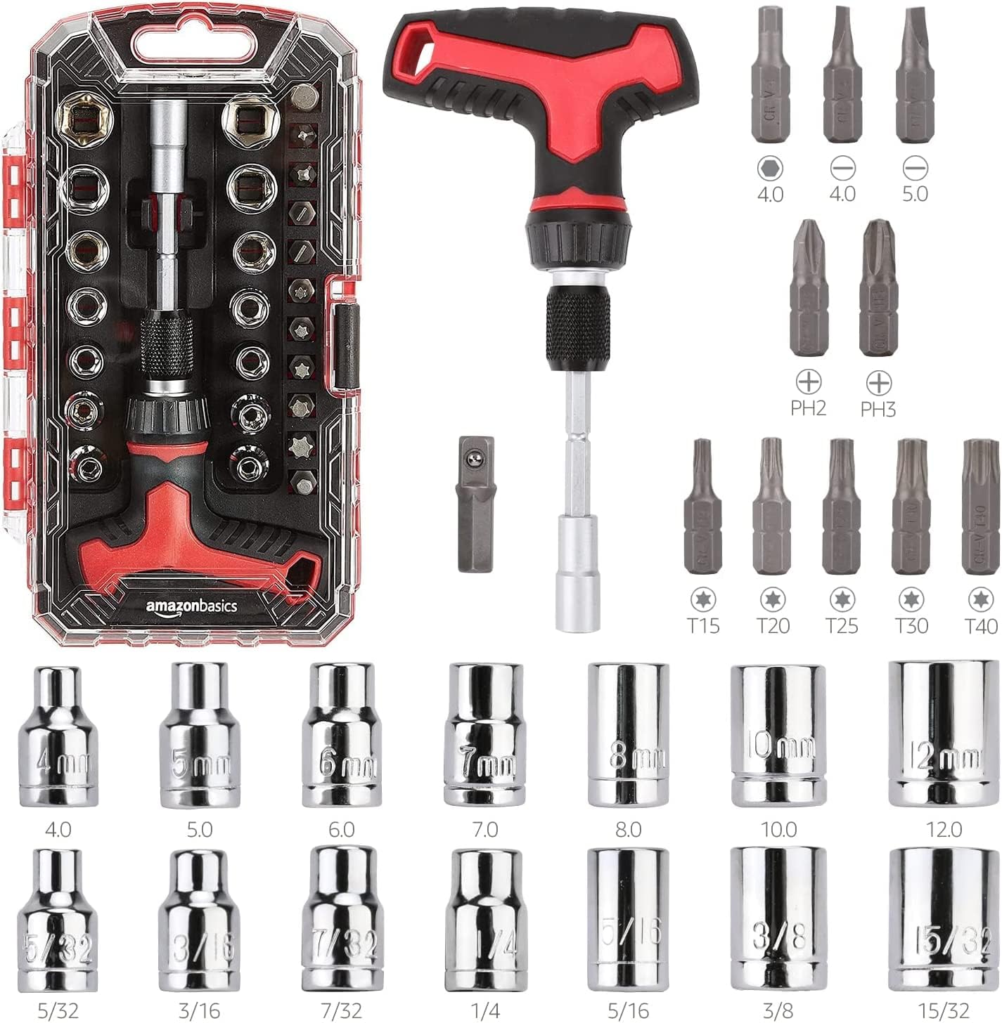 Amazon Basics 27-teiliges Ratschenschraubendreher-/Steckschlüsselset, Leichter T-Griff mit Magnet-Bithalter, Cr-V-Stahl, Heimwerken, Elektronik- und Gerätereparaturen, Kompakt mit Hartschalenkoffer