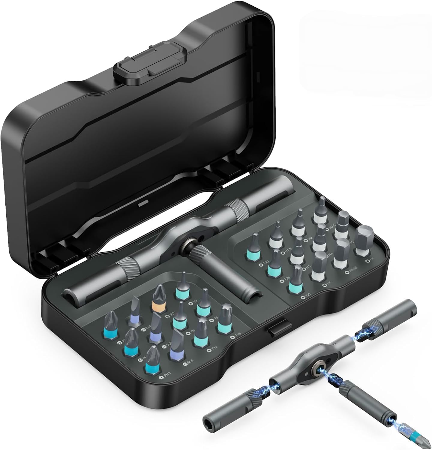 ORIA Ratschen Schraubendreher Set, 34 in 1 Magnetischer Schraubendreher mit 32 Bit, Abnehmbarer T-Ratschengriff, Präzisions Reparaturwerkzeug Set für Brillen, Uhren, PC, DIY, Möbel