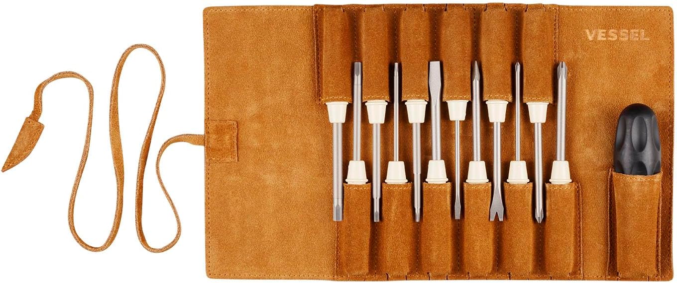 Vessel TD-812LR Schraubendreher-Set für Famidora 12 Phillips und Negative Hex, Kiri, Dreieckschrauben, in Echtleder-Etui