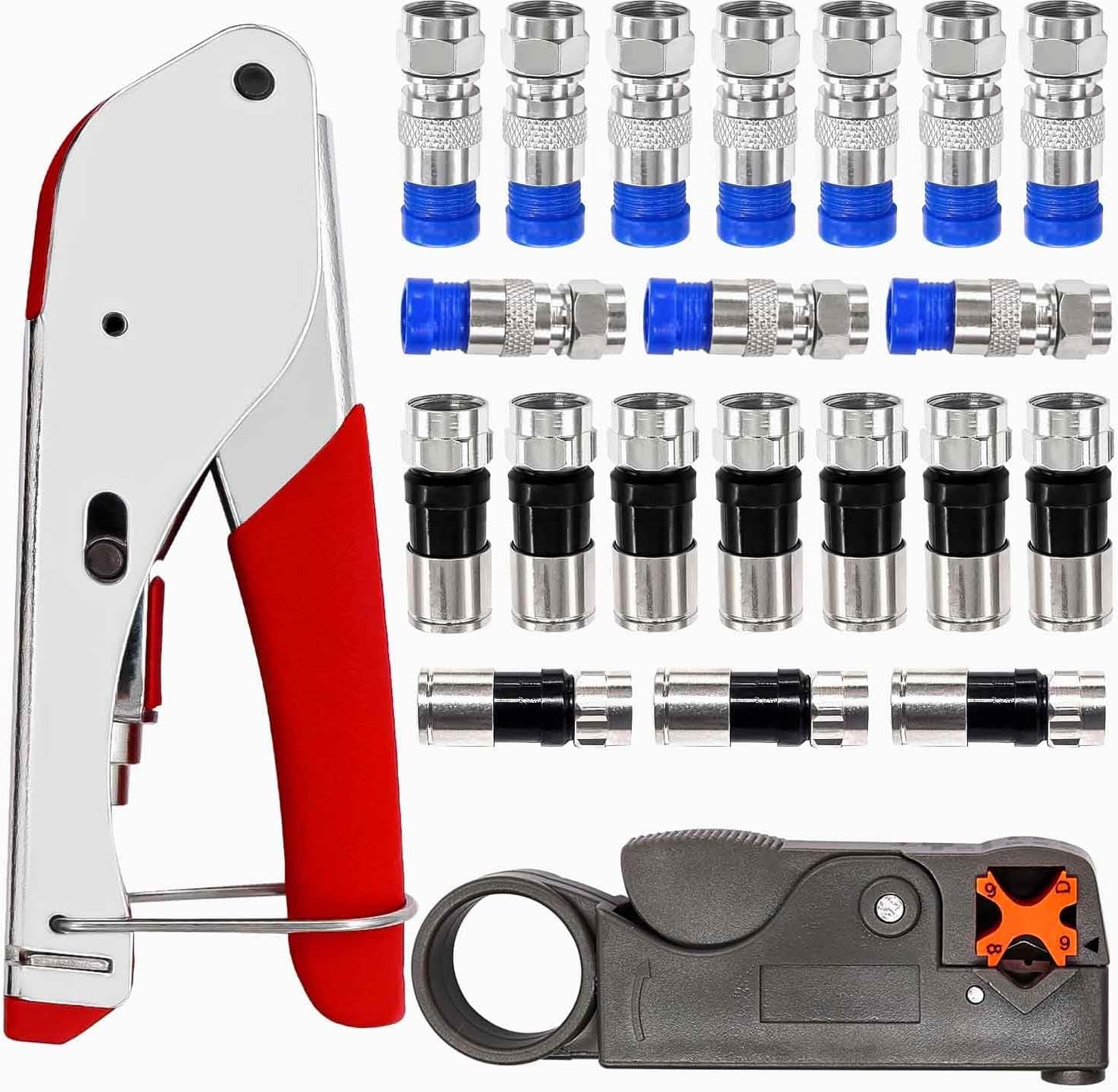Taiss Crimpzang Koaxialkabel Set Abisolierwerkzeug mit 20 Stück Kompression F Stecker RG59/RG6 für Koaxialkabel F-070-R-GR