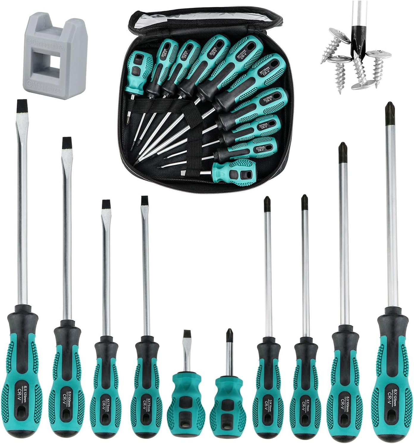 Schraubendreher Set Magnetisch, 10tlg Profi Schraubenzieher Set aus Chrom-Vanadium-Stahl, 5 Schlitz und 5 Kreuzschlitz Schraubendreher Satz, zum Befestigen und Lösen
