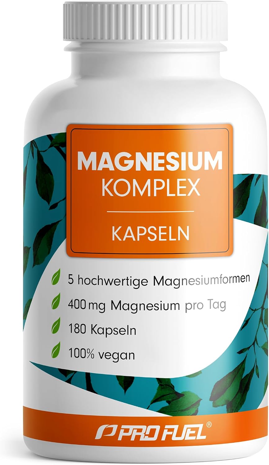 Magnesium Komplex 180 Kapseln - 400 mg elementares Magnesium pro Tag - mit 5 Formen: Mag.-Oxid, Citrat, Bisglycinat, Malat & Ascorbat - laborgeprüft mit Zertifikat - Vorrat für 3 Monate