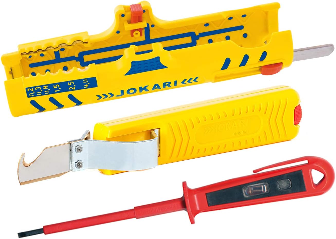 Jokari Abisolier Set - Jokari Abisoliermesser No. 28 H Standard + Jokari Secura Super Entmantler No.15 + HKR Spannungstester