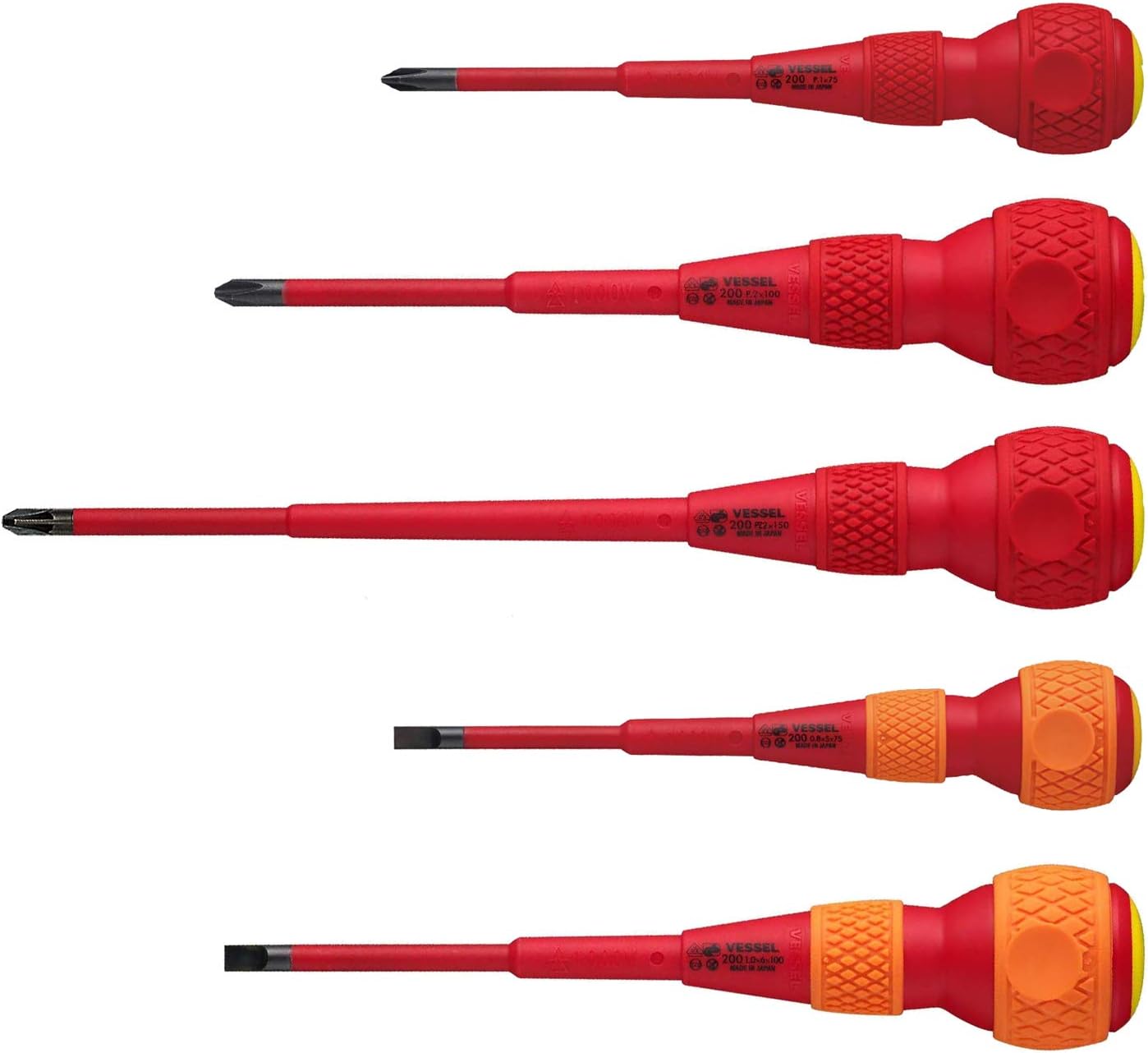 VESSEL BALL GRIP VDE Schraubendreher (isoliert) Pozidrive/flach, 5-teiliges Set